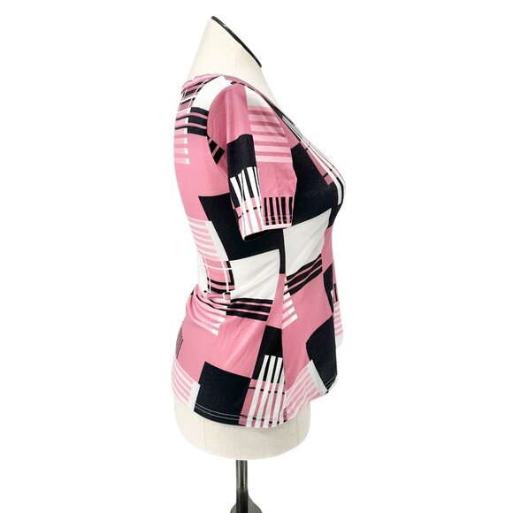 Womens Top Size M Pink Black White Geometric Print V-Neck Short Sleeve Polyester - Picture 7 of 9
